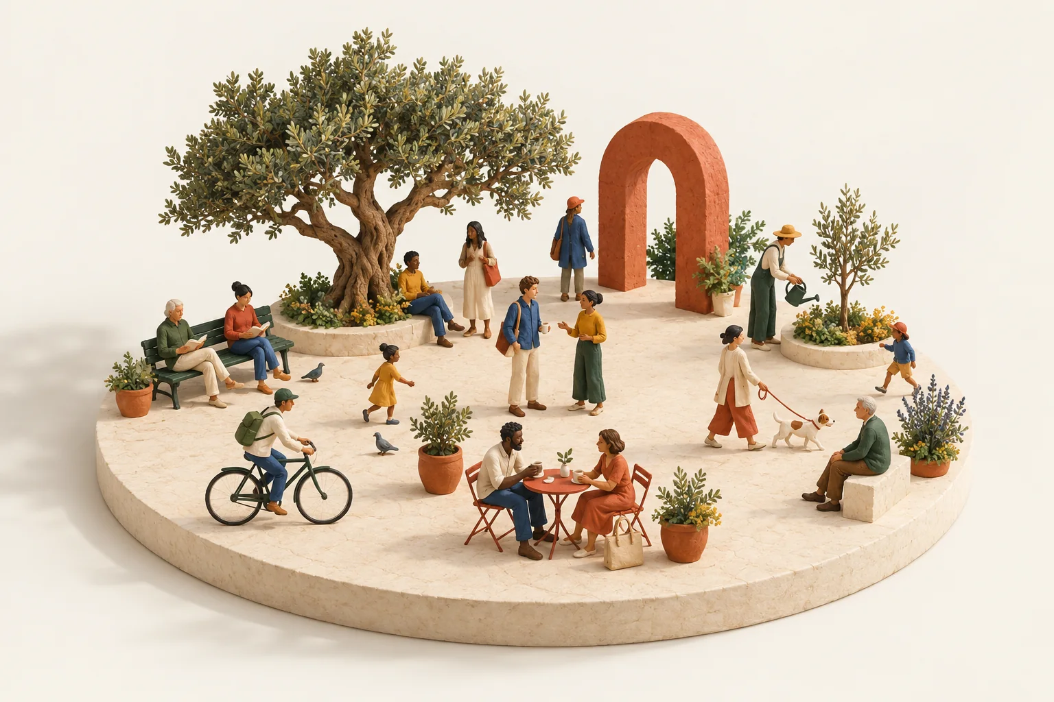 A miniature everyday world: friends sharing coffee, people reading beneath a tree, a cyclist, a gardener, and a person walking their dog.